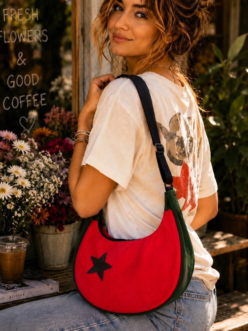 Handmade Corduroy Hobo Bag Red Green Navy Color Block One of a Kind Purse